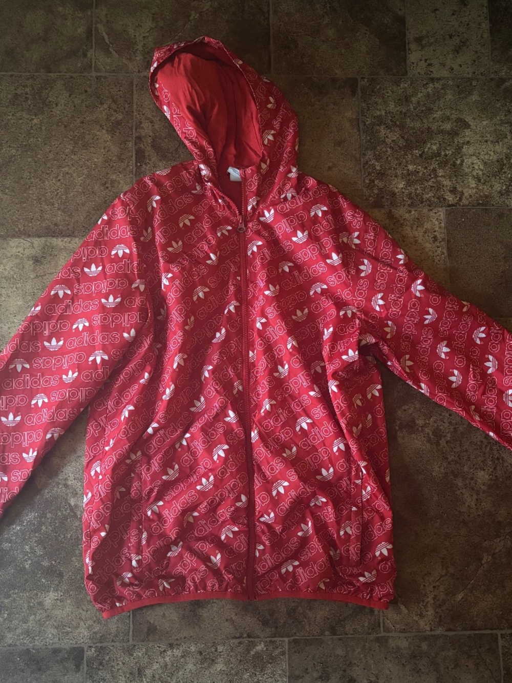 Red adidas logo all over print jacket rain coat waterproof windbreaker zip up